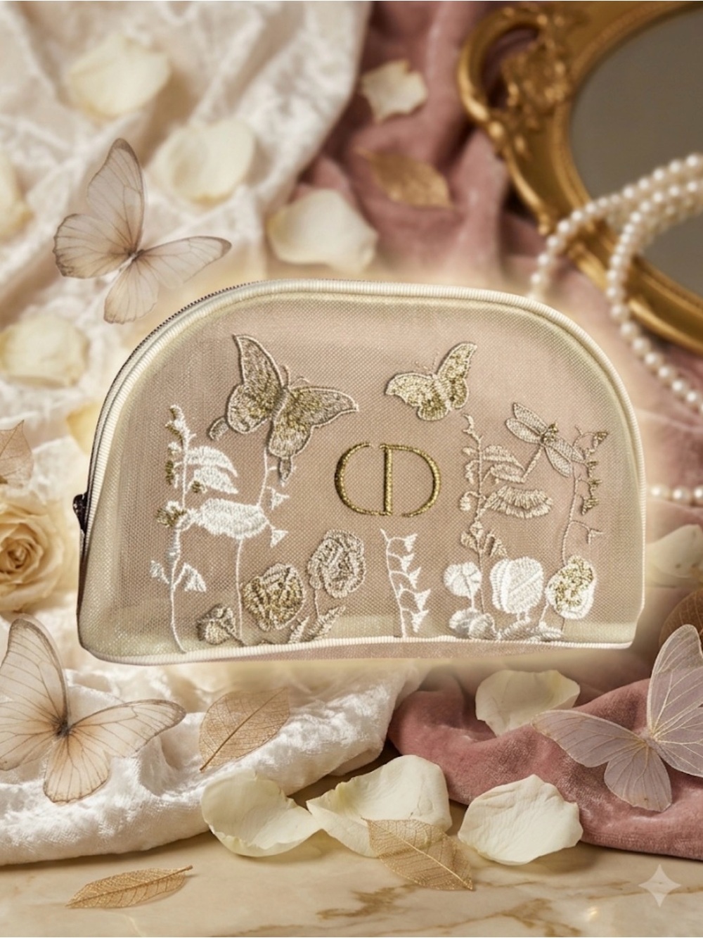 Dior Butterfly Embroidered Cream Cosmetic Bag makeup pouch